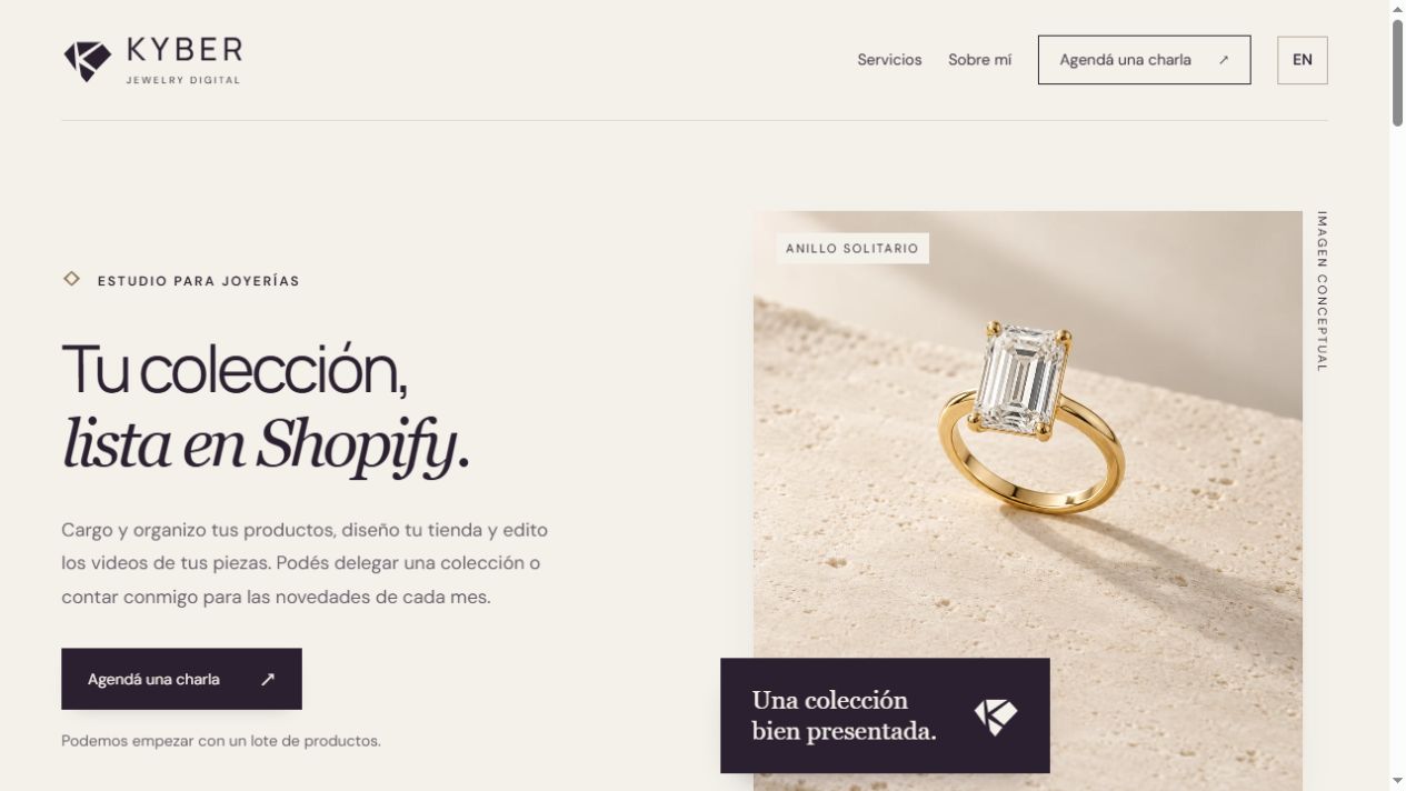 Web de Kyber Jewelry: identidad en berenjena y marfil, servicios para joyerías y fotografía de un anillo